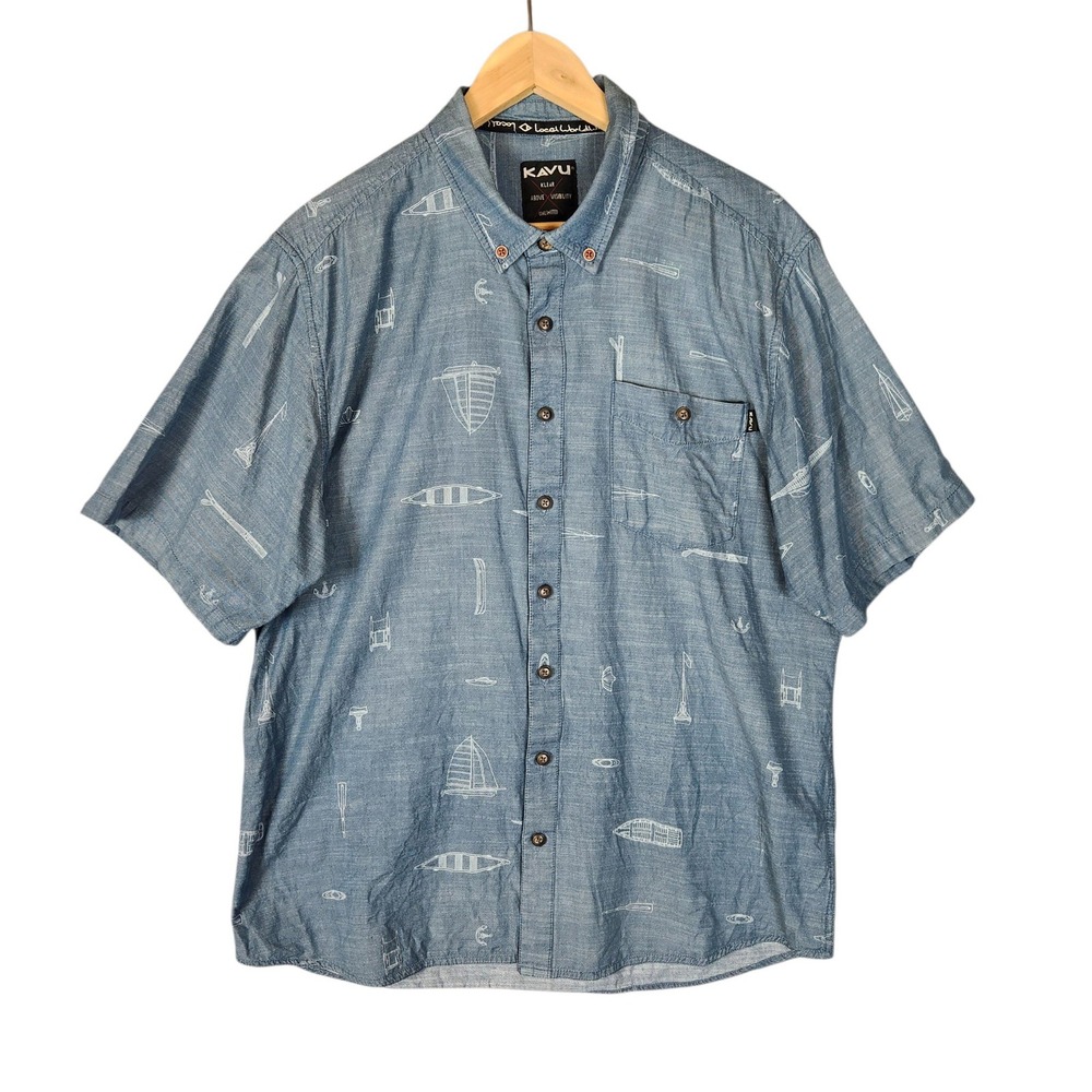 KAVU Button Down Shirt Men's XL Blue Nautical Print Short Sleeve Cotton Chambray